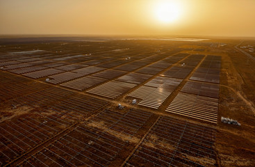 Outdoor solar photovoltaic panel in the sunset