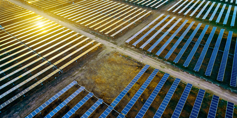 Outdoor solar photovoltaic panel in the sunset