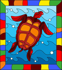 Illustration in stained glass style with red  sea turtle on a background of sea waves and air bubbles in a bright frame