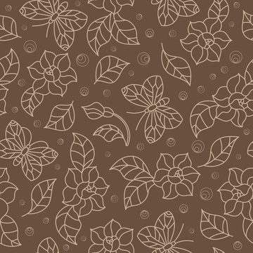 Seamless  pattern with simple flowers and  butterfly,beige outline on a brown background