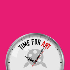 Time for Art. White Vector Clock with Motivational Slogan. Analog Metal Watch with Glass. Palette with Brushes Icon