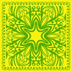 Decorative green color ornament on yellow background. Symmetric pattern with floral mandala. For Bandana, fabric print