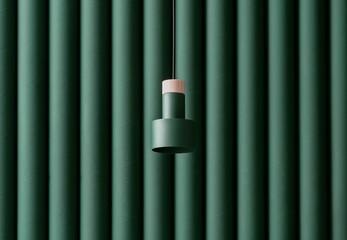 Dark green metal-wooden lamp hanging on folded colorful wall background in studio