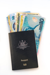 Australia passport with a stash of money sticking out