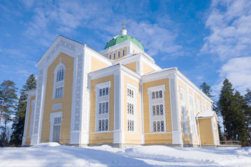 Finland largest wooden church on a sunny winter day. Kerimyaki