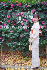 椿の前で佇む着物の女性　一人