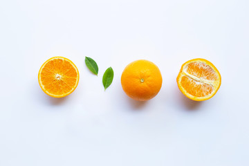 High vitamin C. Fresh orange citrus fruit with leaves isolated on white