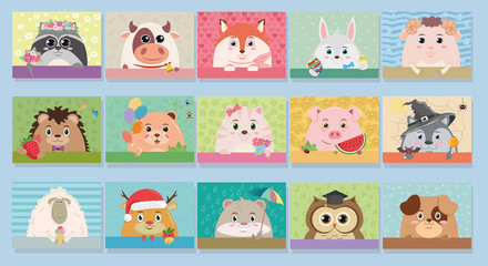 Vector cartoon animals: raccoon, bull, Fox, Bunny, lamb, hedgehog, bear, cat, pig, wolf, sheep, deer, hamster, owl, dog. Illustrations for decor design or holiday pattern.