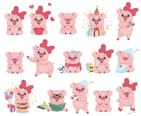 Obraz premium Set vector illustrations isolated on white. Character cartoon Pig stickers emoticons with different emotions for site, infographics, animation, websites, e-mails, newsletters, reports, comics. Vector
