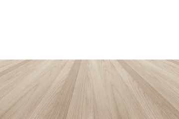 Isolated wood floor or tabletop on white wall background in light sepia brown color