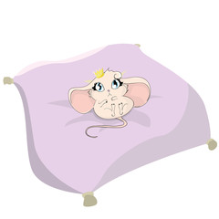 Small kawaii mouse-princess on the pillow. Cute little mouse!.Little pop-eyed mouse.