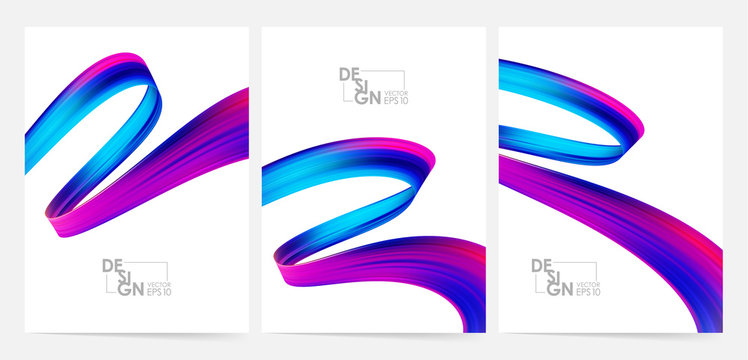Vector illustration: Set of three blank Modern poster with 3d twisted colorful flow liquid shape. Acrylic paint design