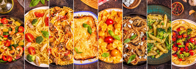Collage of various pasta dishes. - obrazy, fototapety, plakaty