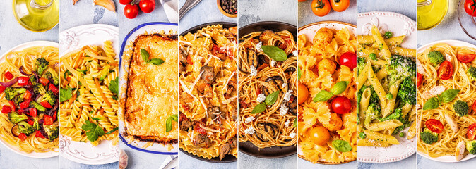 Collage of various pasta dishes.