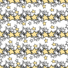 Hand drawn seamless vector pattern. White and golden  Stars and sparkles on a white background.