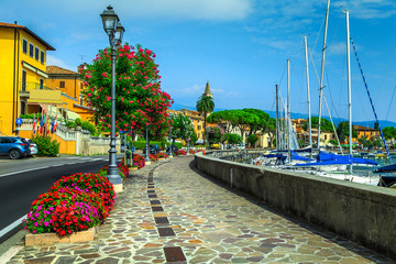 Beautiful walkway with colorful oleander flowers, Toscolano-Maderno, Italy
