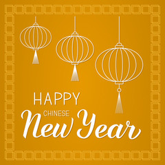 Happy Chinese New Year hand lettering on gold background with traditional Oriental ornament and paper lanterns. Easy to edit Vector template for party invitation, greeting card, banner, poster, etc.
