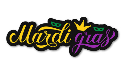 Mardi Gras calligraphic colorful hand lettering. Fat or Shrove Tuesday celebration poster. Traditional carnival in New Orleans. Vector element of design for banner, flyer, party invitation.