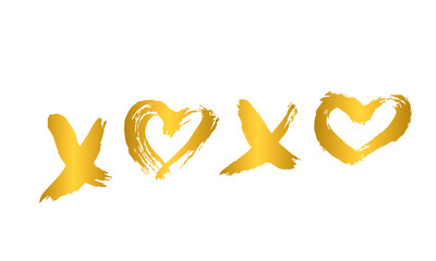 Gold XOXO hand written phrase with heart isolated on white. Hugs and kisses sign. Grunge brush lettering XO. Easy to edit element of design for Valentine’s day greeting card, poster, flyer, postcard.