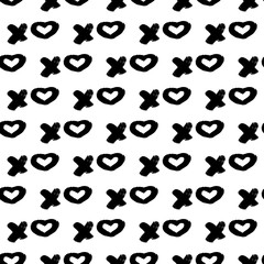Seamless pattern XOXO with hearts on white background. Hugs and kisses abbreviation symbol. Grunge hand written brush lettering XO. Easy to edit template for Valentine’s day. Vector illustration.