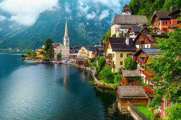 Wonderful old alpine village and misty morning, Hallstatt, Salzkammergut, Austria