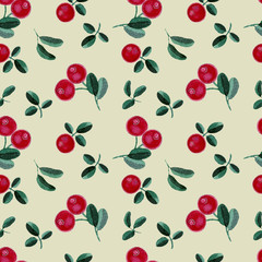Cranberries Watercolor Seamless pattern on Beige