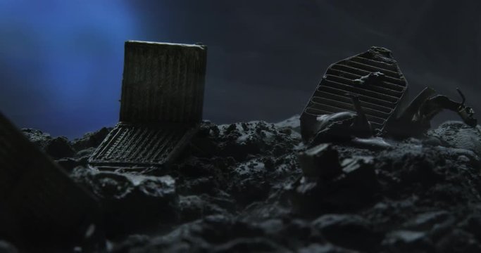 Abstract planets composition with crashed satellite. Macro VFX 4K shot.
