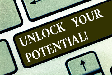 Conceptual hand writing showing Unlock Your Potential. Business photo text Unleash the abilities that may lead to future success Keyboard key Intention to create computer message idea