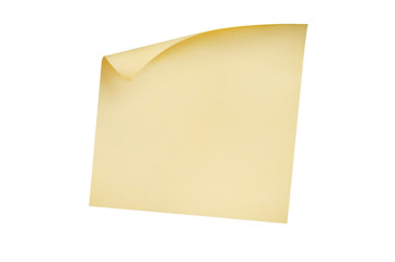 One blank square yellow sticker with curved corner isolated on white background. Top view