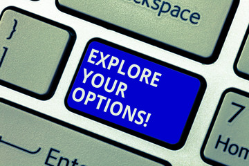 Text sign showing Explore Your Options. Conceptual photo trying to get more information to make a decision Keyboard key Intention to create computer message pressing keypad idea