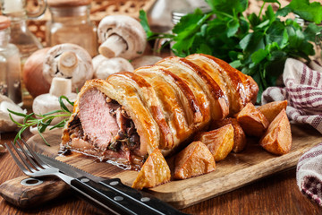 Pork tenderloin in wellington style in puff pastry