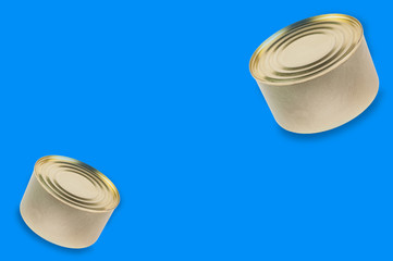 Two cans of canned food on blue background with copy space for your text