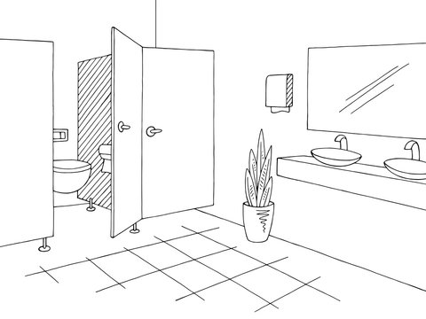 Public toilet graphic interior black white sketch illustration vector