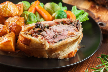 Pork tenderloin in wellington style in puff pastry