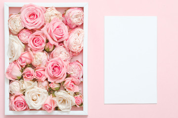 Greeting card mockup. Spring holidays congratulation concept. Assorted roses arranged in white frame. Pink background.