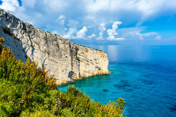 Greece, Zakynthos, North cape skinari chalk rock wall and wonderful blue ocean water