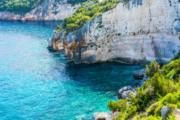 Greece, Zakynthos, Abrupt natural rocky cliffline at north coast of the island