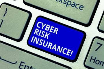 Text sign showing Cyber Risk Insurance. Conceptual photo covers financial losses that result from data breaches Keyboard key Intention to create computer message pressing keypad idea