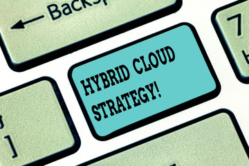 Conceptual hand writing showing Hybrid Cloud Strategy. Business photo text Cloud computing setting that uses a mix of onpremises Keyboard key Intention to create computer message idea