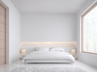 Simple design bedroom 3d render,There are white floor and  wall.Furnished with white bed set.There are large wood frame window overlooks to nature view.