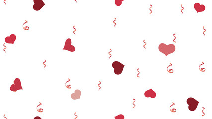Vector Seamless Pattern on a White fond. Light Pattern of Hearts and Serpentine. Element of packaging, textiles, wallpaper, banner, printing. Flying Red confetti.