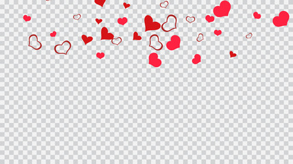Red on Transparent background Vector. Red hearts of confetti crumbled. Happy background. The idea of wallpaper design, textiles, packaging, printing, holiday invitation for Valentine's Day.