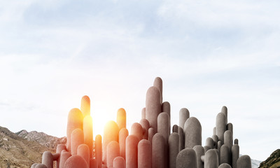 Multiple stone columns with breathtaking landscape