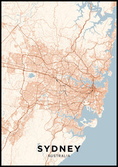 Sydney (Australia) city map. Poster with map of Sydney in color. Scheme of streets and roads of Sydney.