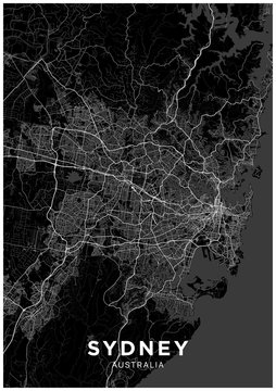 Sydney (Australia) City Map. Black And White Poster With Map Of Sydney. Scheme Of Streets And Roads Of Sydney.