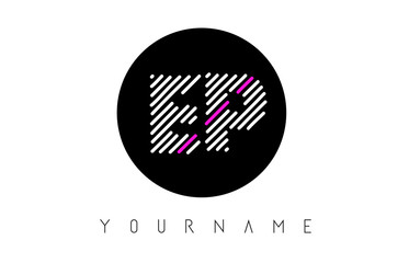 EP Letter Logo Design with White Lines and Black Circle