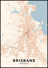 Brisbane (Australia) city map. Poster with map of Brisbane in color. Scheme of streets and roads of Brisbane. - obrazy, fototapety, plakaty