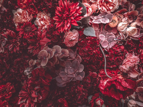 Fototapeta Artificial Flowers Wall for background in vintage style