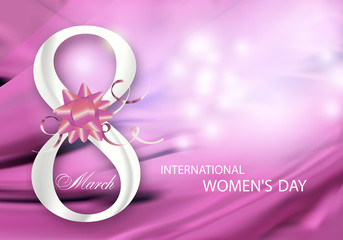 Pink abstract background for Holiday March 8 International Women's Day with Digit eight decorated bow and ribbons. Vector