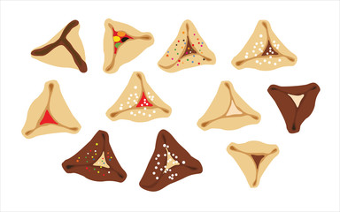 hamantaschen - jewish traditional cookies for Purim on a white background- Oznei Haman